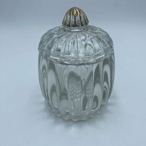 Vintage Clear Glass Trinket Candle Shape Of Pumpkin with Gold 5x3 with Lid